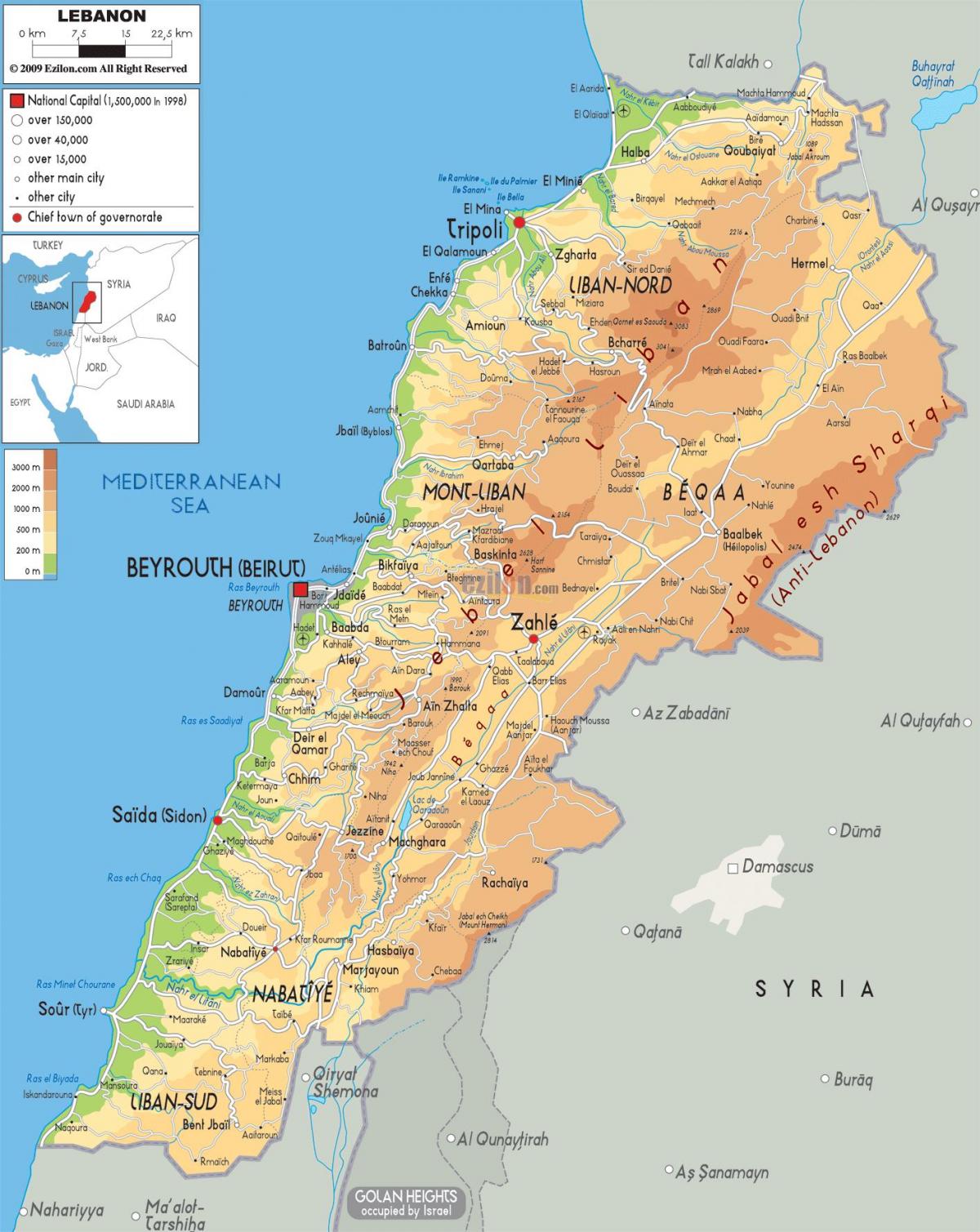 mapa del Líban física